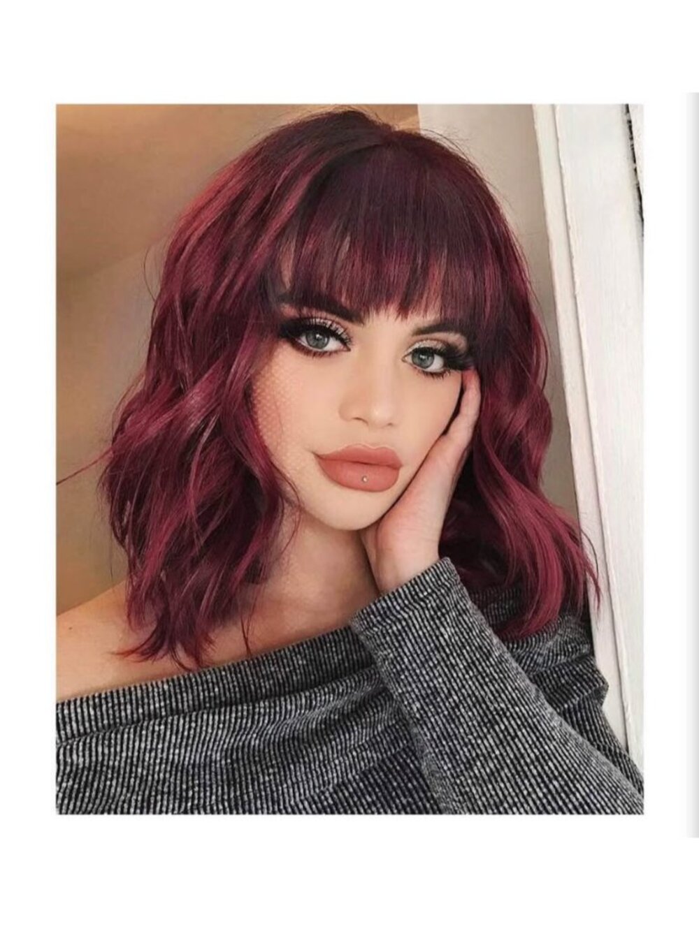 NEW Burgundy Red Medium Length Wavy Wig with Bangs
